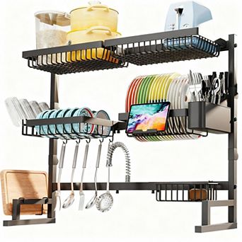 Adjustable 3 tier Over Sink Dish Rack, 27-37L x 12W x 32.5-37H, Black Metal