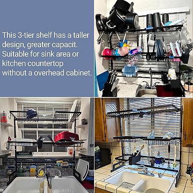 Adjustable 3-Tier Over Sink Dish Rack, 27-37L x 12W x 32.5-37H, Black Metal