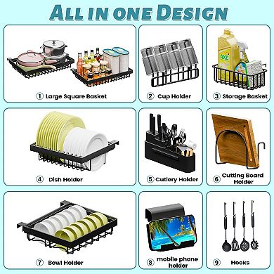 Adjustable 3-Tier Over Sink Dish Rack, 27-37L x 12W x 32.5-37H, Black Metal