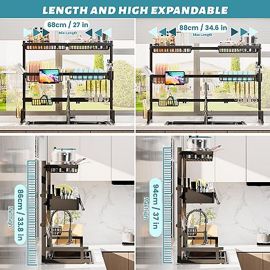 Adjustable 3-Tier Over Sink Dish Rack, 27-37L x 12W x 32.5-37H, Black Metal