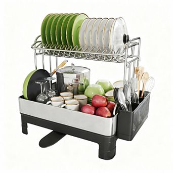 Stainless Steel Double Tier Dish Rack with Drainboard for Kitchen