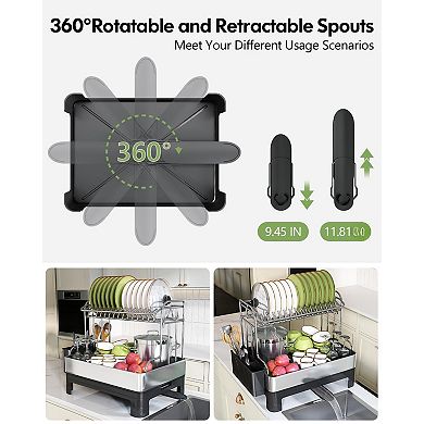 Stainless Steel Double Tier Dish Rack with Drainboard for Kitchen