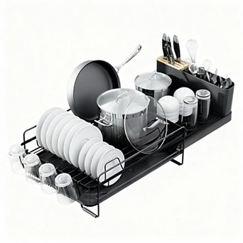 Extendable Kitchen Dish Drying Rack with Cutlery & Cup Holders