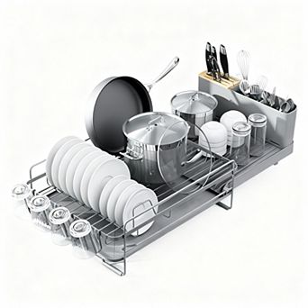 Extendable Kitchen Dish Drying Rack with Cutlery & Cup Holders