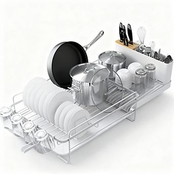 Extendable Kitchen Dish Drying Rack with Cutlery & Cup Holders