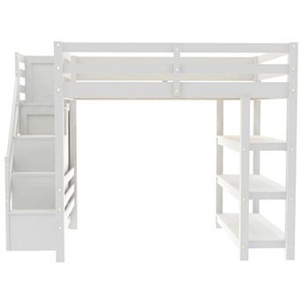 Merax Loft Bed with Shelves, Storage Staircase, Small Wardrobe and White LED Light