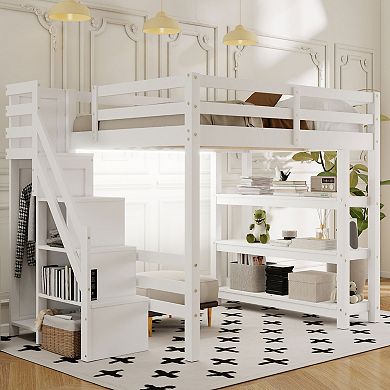 Merax Loft Bed with Shelves, Storage Staircase, Small Wardrobe and White LED Light