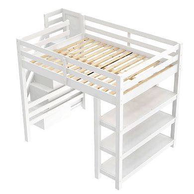 Merax Loft Bed with Shelves, Storage Staircase, Small Wardrobe and White LED Light