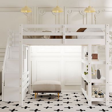 Merax Loft Bed with Shelves, Storage Staircase, Small Wardrobe and White LED Light