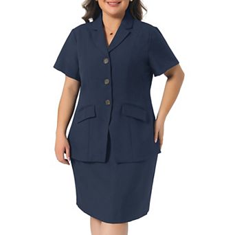 Women's Plus Size 2 pc Skirt Suit Set Formal Short Sleeve Blazer and Pencil Skirts Set Outfits