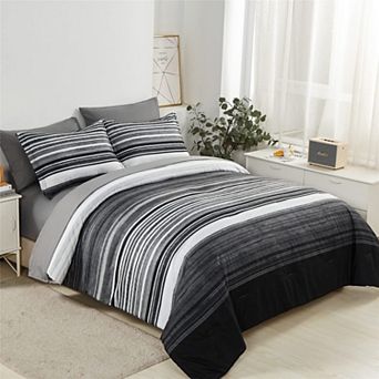 Microfiber Queen Size Bed Set: White Grey Black Striped Comforter, Sheets, and Shams