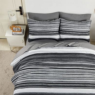 Microfiber Queen Size Bed Set: White Grey Black Striped Comforter, Sheets, and Shams