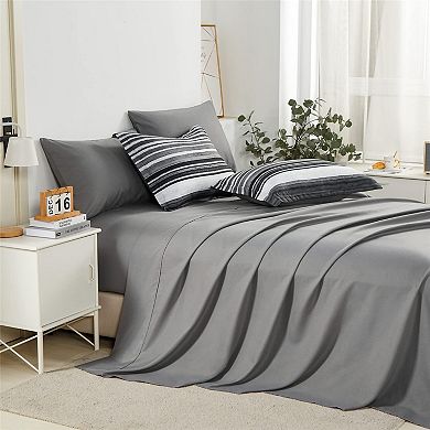 Microfiber Queen Size Bed Set: White Grey Black Striped Comforter, Sheets, and Shams