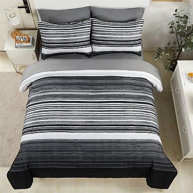 Microfiber Queen Size Bed Set: White Grey Black Striped Comforter, Sheets, and Shams