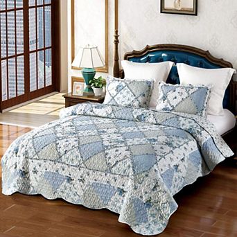Microfiber Blue Floral Patchwork Quilt Set Full/Queen Size 3 pc Bedding with 2 Pillowcases