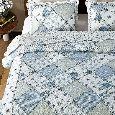 Microfiber Blue Floral Patchwork Quilt Set Full/Queen Size 3 Piece Bedding with 2 Pillowcases
