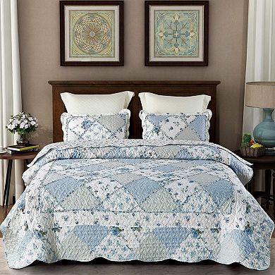 Microfiber Blue Floral Patchwork Quilt Set Full/Queen Size 3 Piece Bedding with 2 Pillowcases