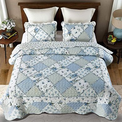 Microfiber Blue Floral Patchwork Quilt Set Full/Queen Size 3 Piece Bedding with 2 Pillowcases