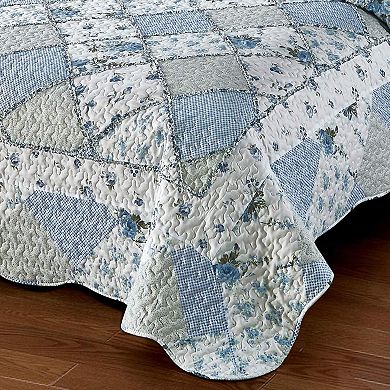 Microfiber Blue Floral Patchwork Quilt Set Full/Queen Size 3 Piece Bedding with 2 Pillowcases