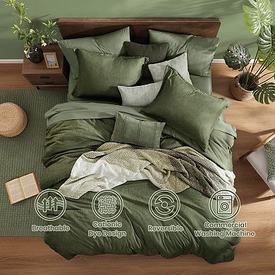 Extra Soft Queen Bed in a Bag Set: 7-Piece Olive Green Reversible Comforter with Sheets, Pillowcases