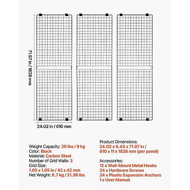 Set of 3 Wall Grid Panel Metal Grid for Storage and Display