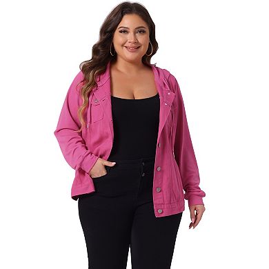 Women's Plus Size Layered Drawstring Hood Women Denim Utility Jacket W Pockets