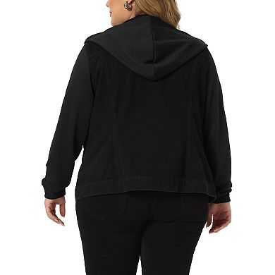 Women's Plus Size Layered Drawstring Hood Women Denim Utility Jacket W Pockets