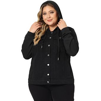Women's Plus Size Layered Drawstring Hood Women Denim Utility Jacket W Pockets