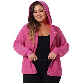 Women's Plus Size Layered Drawstring Hood Women Denim Utility Jacket W Pockets