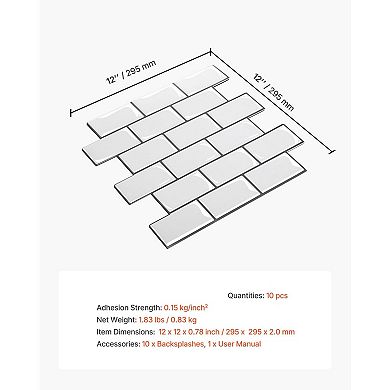 Self-Adhesive Kitchen and Bathroom Backsplash Tiles 2mm Thick 10-Pack