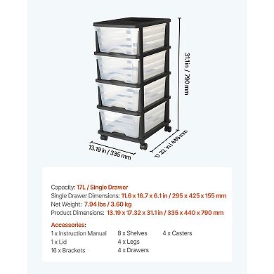 4 Drawer Plastic Storage Organizer with Wheels for Bedroom or Office