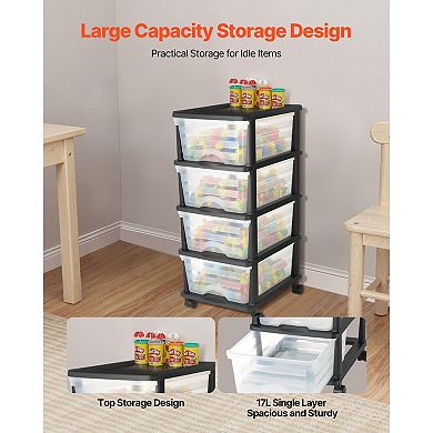 4 Drawer Plastic Storage Organizer with Wheels for Bedroom or Office