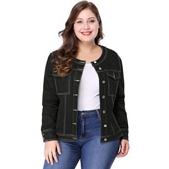 Women's Plus Size Denim Jacket Collarless Long Sleeve Button Down Jean Jacket