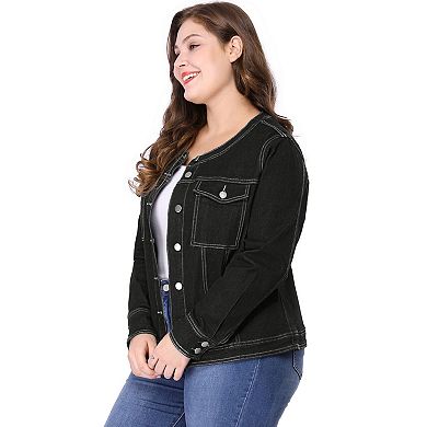 Women's Plus Size Denim Jacket Collarless Long Sleeve Button Down Jean Jacket