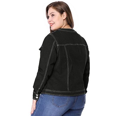 Women's Plus Size Denim Jacket Collarless Long Sleeve Button Down Jean Jacket