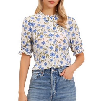 Women's Mock Neck Top Summer Boho Floral Button Down Shirt Puffy Short Sleeve Work Chiffon Blouses