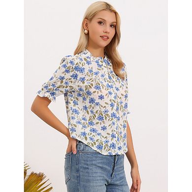 Women's Mock Neck Top Summer Boho Floral Button Down Shirt Puffy Short Sleeve Work Chiffon Blouses