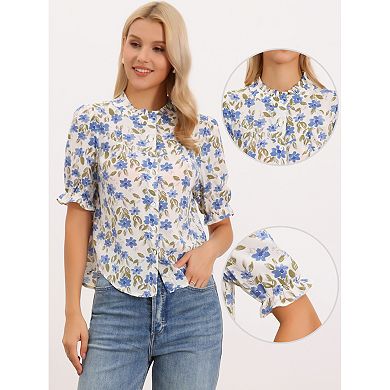 Women's Mock Neck Top Summer Boho Floral Button Down Shirt Puffy Short Sleeve Work Chiffon Blouses