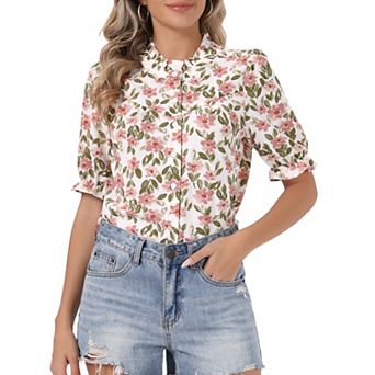 Women's Mock Neck Top Summer Boho Floral Button Down Shirt Puffy Short Sleeve Work Chiffon Blouses