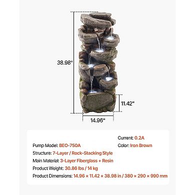 Realistic Rock Outdoor Water Fountain with LED Lights and Multi-Layer Waterfall