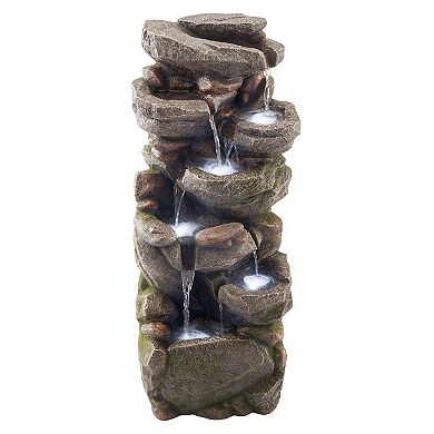 Realistic Rock Outdoor Water Fountain with LED Lights and Multi-Layer Waterfall