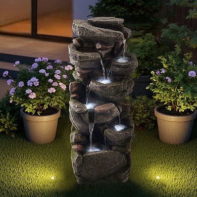 Realistic Rock Outdoor Water Fountain with LED Lights and Multi-Layer Waterfall