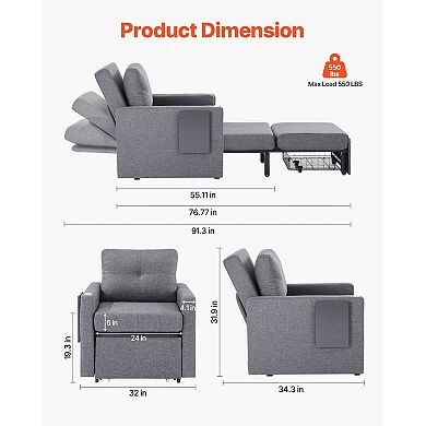 Sofa Bed with Reclining Back, Side Storage Pockets, Pillow and Laptop Table
