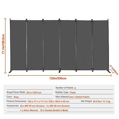 6 Panel Room Divider with Oxford Fabric and Iron Frame for Home or Office
