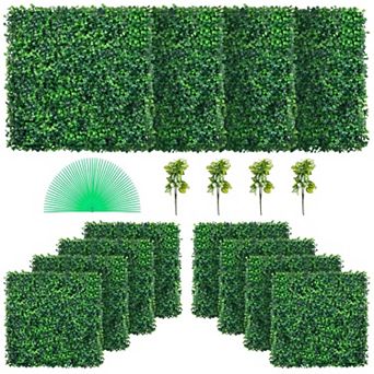 12 Pack Artificial Grass Wall Panels with Zip-Tie Installation and Flowers - Green