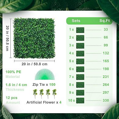12 Pack Artificial Grass Wall Panels with Zip-Tie Installation and Flowers - Green