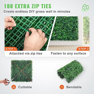 12 Pack Artificial Grass Wall Panels with Zip-Tie Installation and Flowers - Green