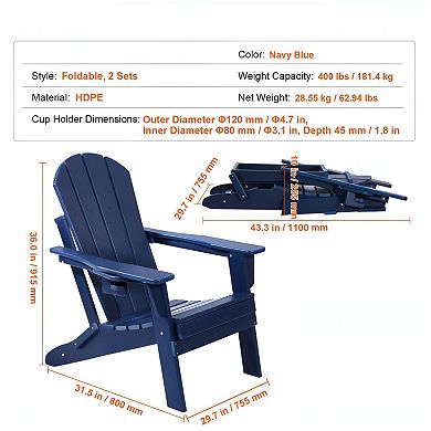 Foldable Adirondack Chair for Patio, Deck, Garden, Pool with Cup Holder