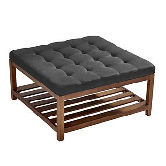 Storage Ottoman Coffee Table with Tufted Cushion, Solid Wood Frame