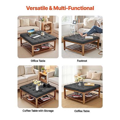 Storage Ottoman Coffee Table with Tufted Cushion, Solid Wood Frame